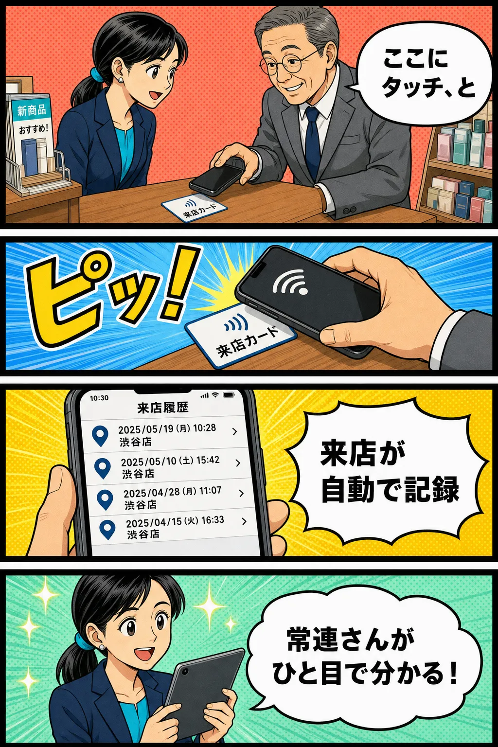 NFCタッチで来店・訪問を自動記録できる