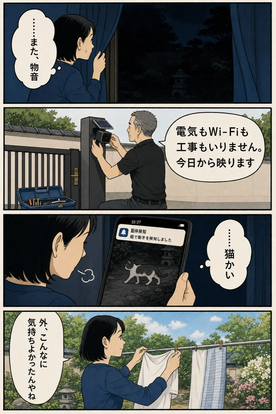 4コマ漫画『夜が、怖くなくなった。』。物音におびえていた女性の家にソーラーカメラを付け、通知に映ったのが猫だと分かる話。